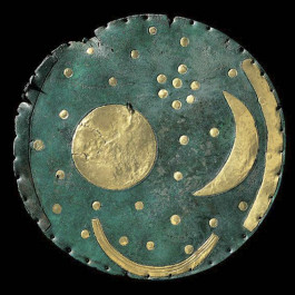 Nebra sky disk, 1800-1600 BC, found in Sahxony-Anhalt, Germany. Bronze and gold